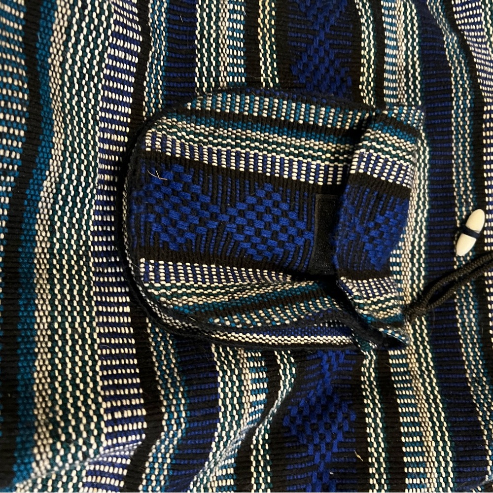 Mexican Rug Pattern Backpack Striped Blue, White and Black Drawstring Top - Picture 4 of 4